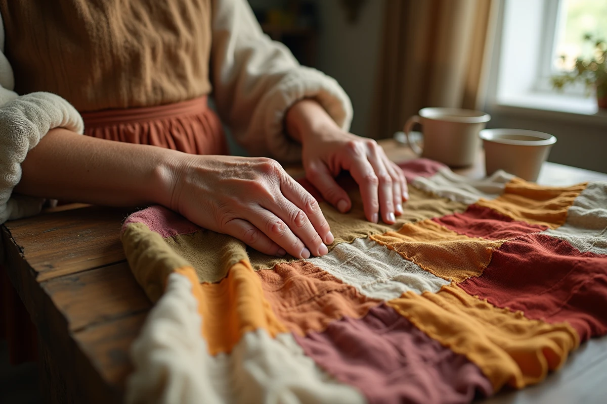 Mains de deux générations travaillant ensemble sur une jupe patchwork hippie faite main avec broderies et tissus naturels