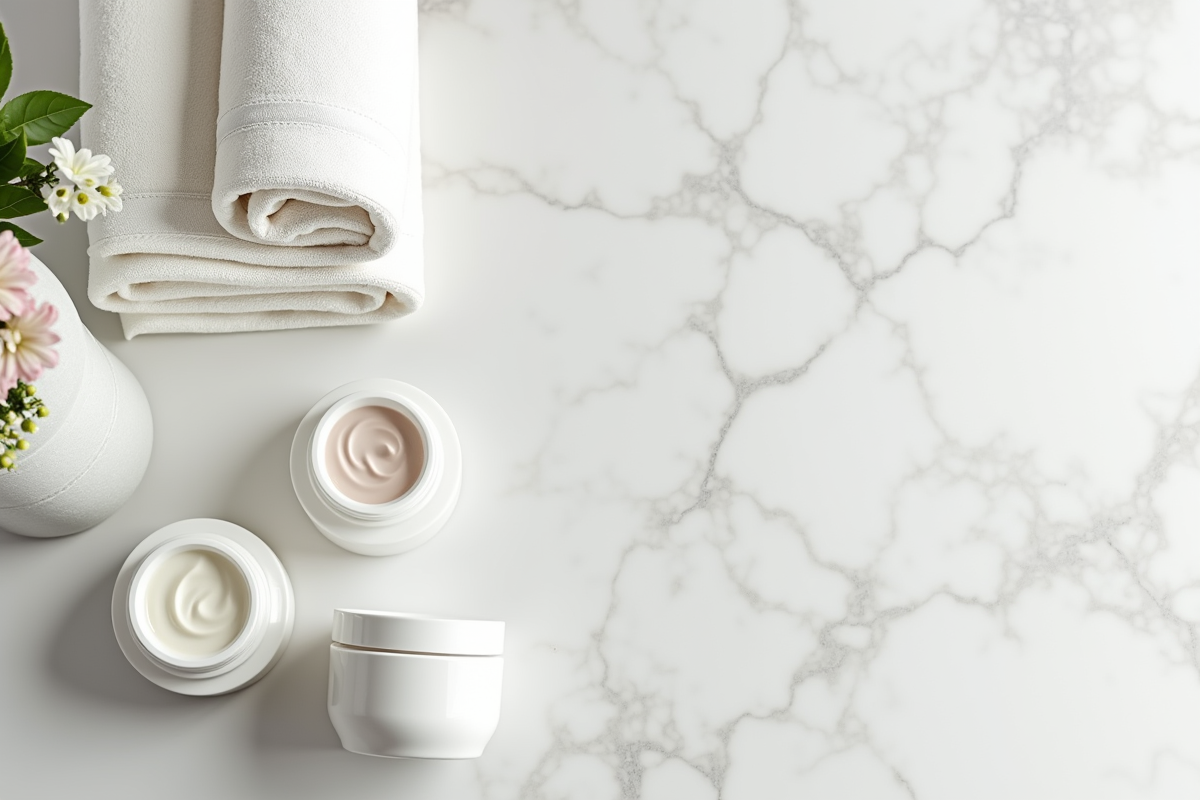 Vase de fleurs et crèmes visage sur comptoir en marbre blanc