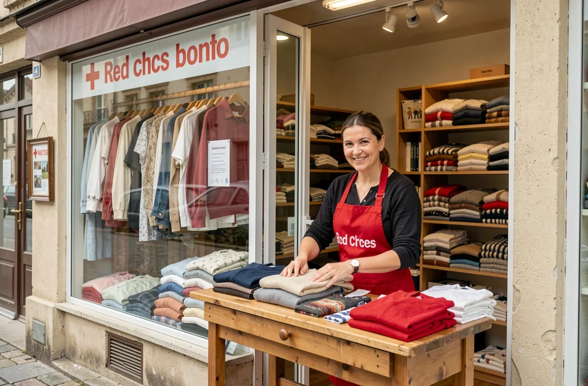 Bénévole de la Croix-Rouge pliant des pulls dans la boutique bien organisée à Fréjus