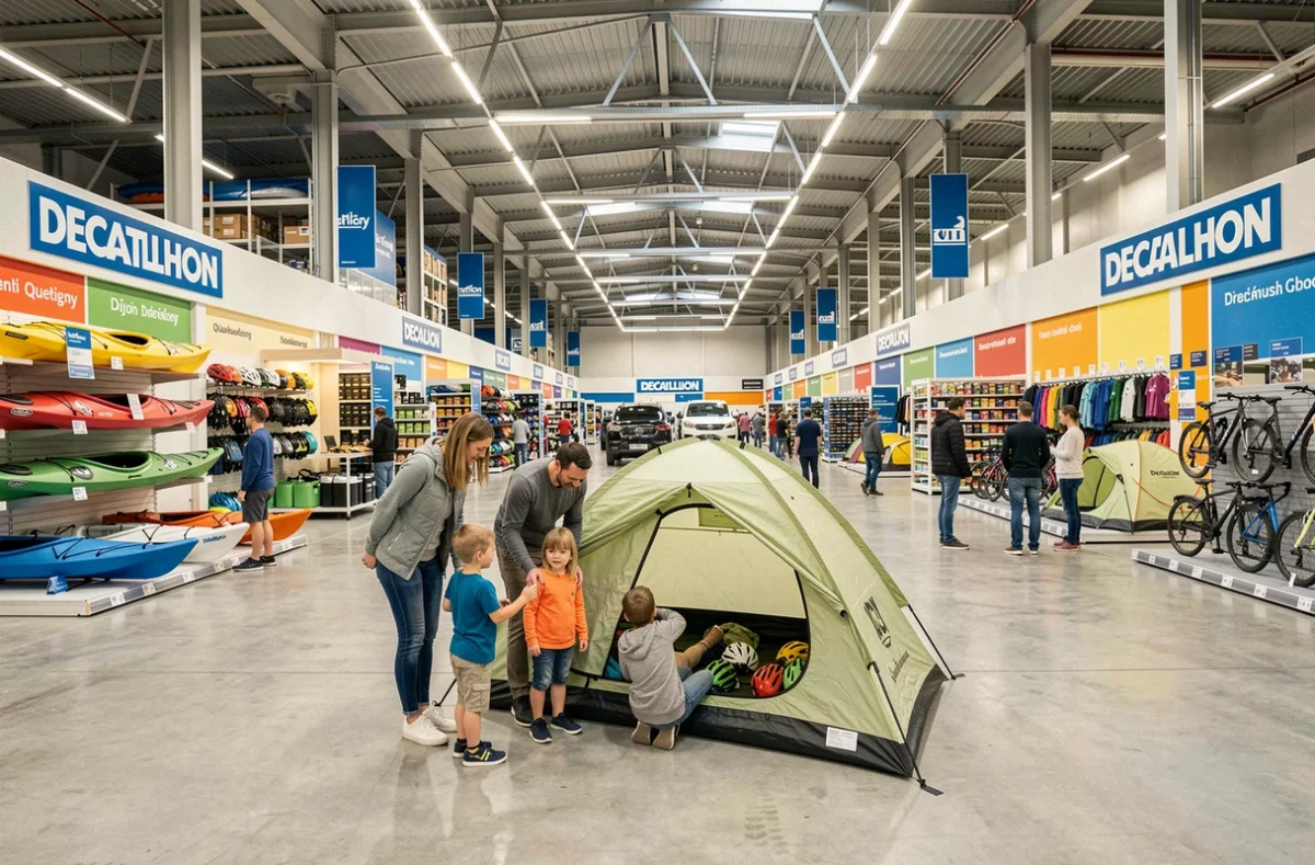 Famille examinant une tente de camping dans le grand magasin Decathlon de Dijon Quetigny aux vastes rayons multisports
