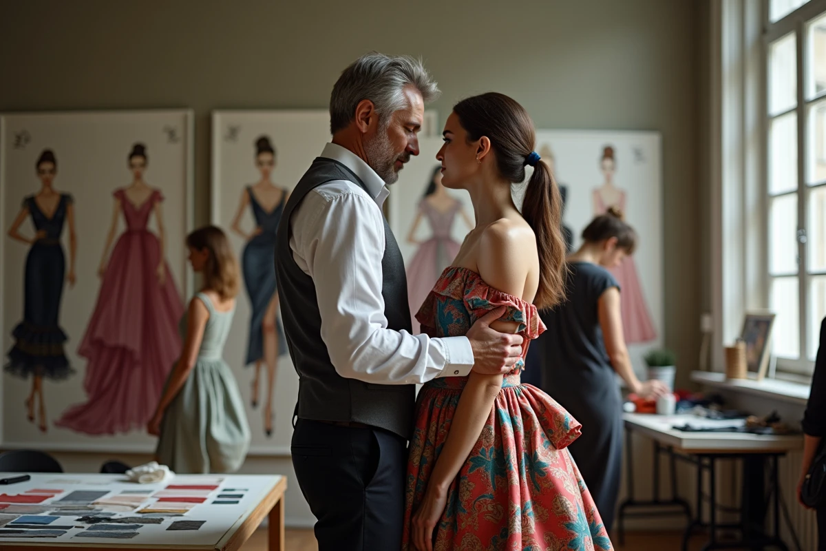 Un designer ajustant une robe dans un studio parisien