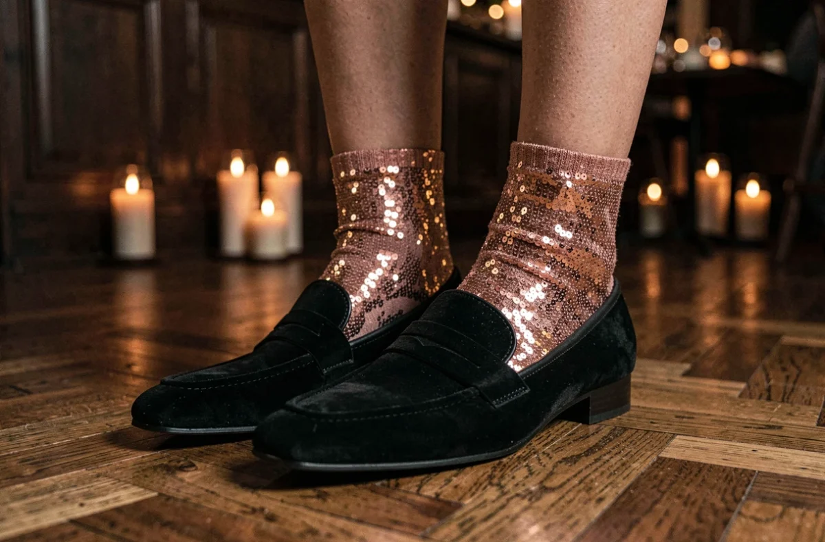 Gros plan sur des chaussettes paillettes rose gold portées avec des mocassins velours noirs sur parquet en chevrons dans un bar chic