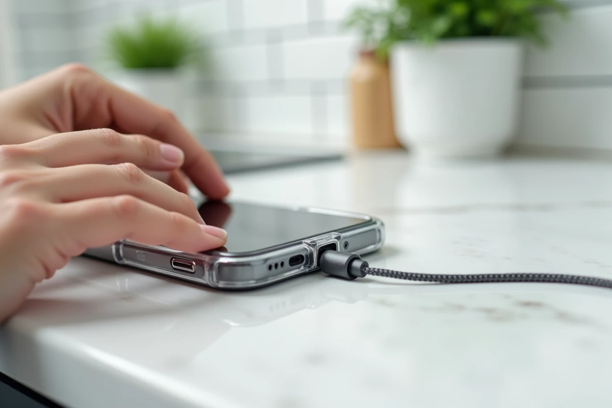 Gros plan sur une coque transparente avec cordon réglable tressé sur un comptoir en marbre blanc