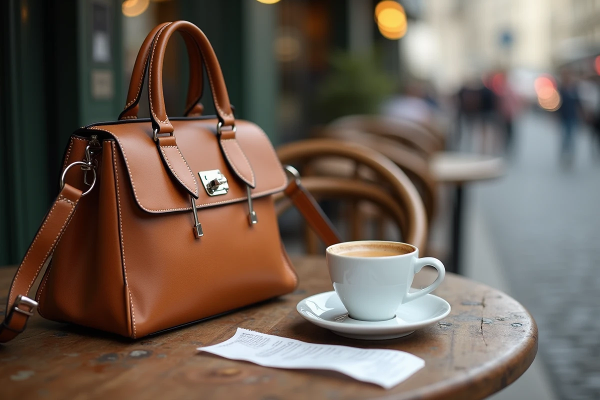 Gros plan sur les détails d'un sac Charm Handbags posé sur une table de café parisien, mettant en valeur la qualité du cuir et des coutures