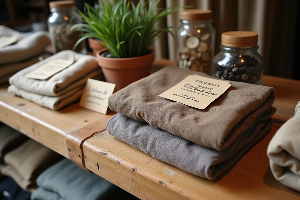Gros plan sur des vêtements pliés avec étiquettes artisanales sur une table en bois dans une friperie éthique de Strasbourg