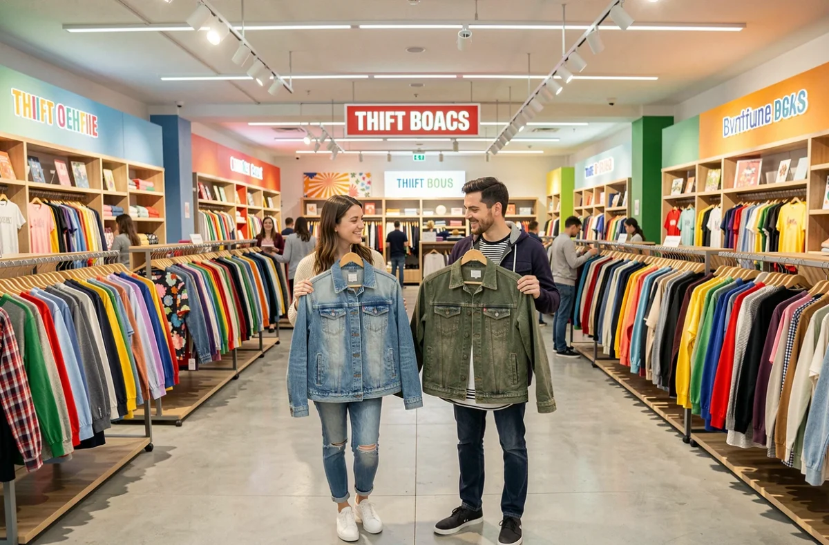 Jeune couple comparant des vestes vintage dans les rayons colorés et bien organisés de Ding Fring à Toulon