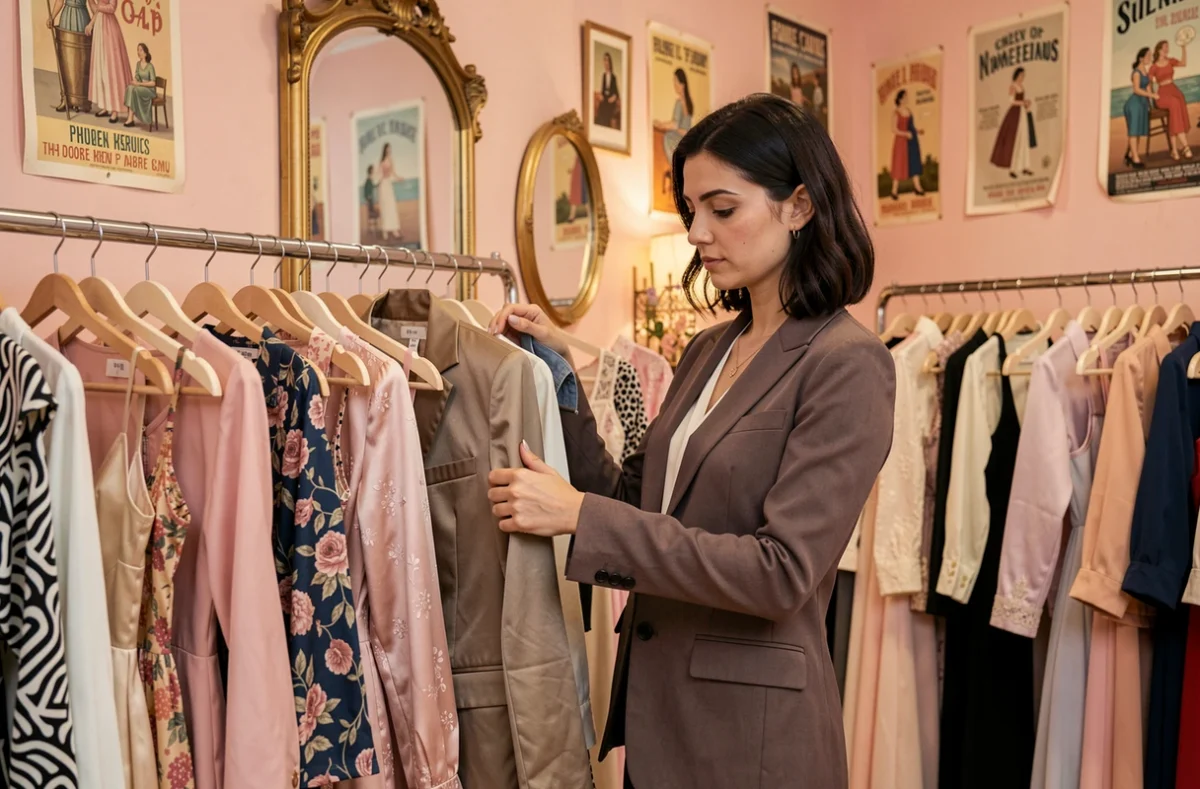 Femme examinant un blazer de créateur dans la boutique chic et intimiste Le Dressing de Lulu à Toulon