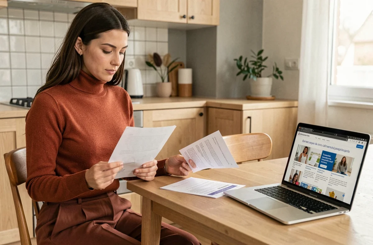 Femme consultant ses droits de consommateur après un achat pendant les soldes en France