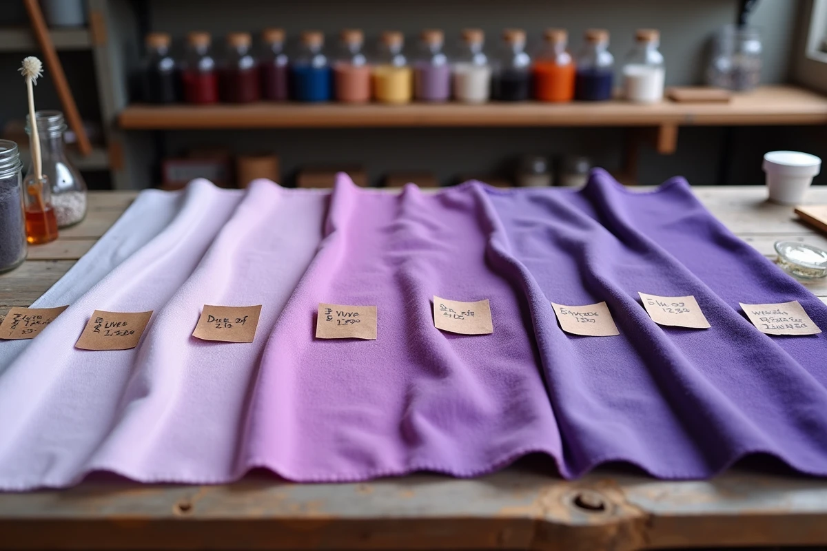 Échantillons de tissu polyester teints en différentes nuances de violet disposés en dégradé sur un établi en bois avec étiquettes manuscrites