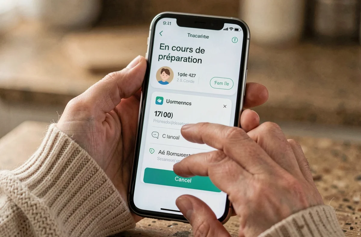 Gros plan sur un écran de téléphone affichant le statut 'en cours de préparation' d'une commande avec un bouton d'annulation