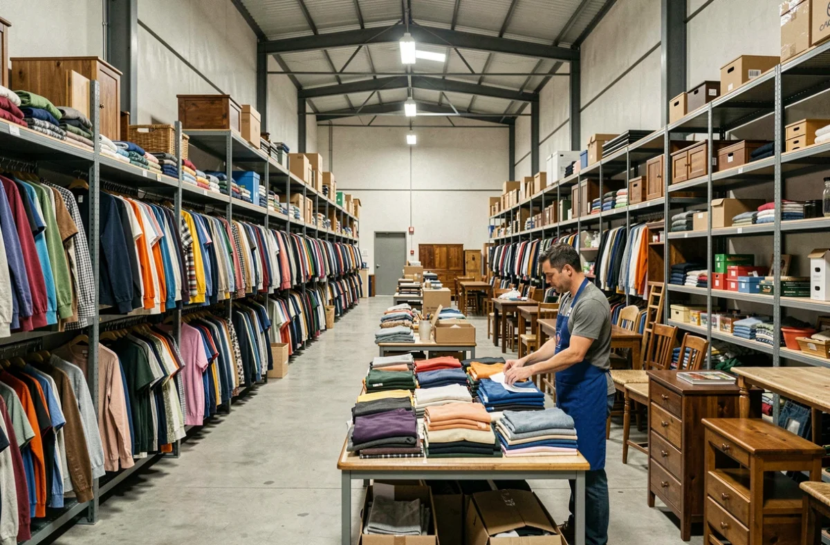 Bénévole triant des vêtements et objets donnés dans l'entrepôt spacieux d'Emmaüs Toulon