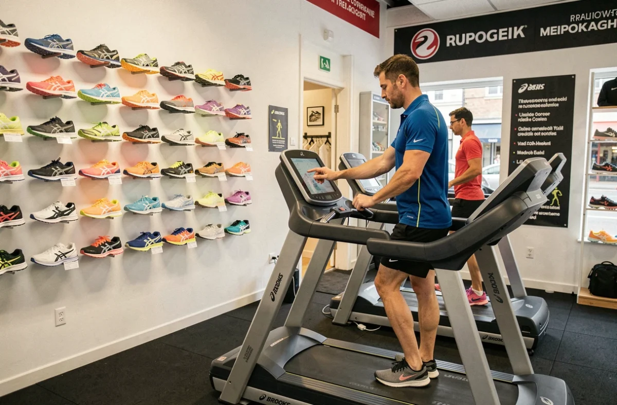 Conseiller en magasin Endurance Shop Dijon aidant un client à choisir des chaussures de running avec analyse de foulée