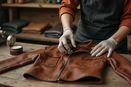 Femme appliquant un baume nourrissant sur un vieux blouson en cuir marron posé sur un établi en bois, entretien du cuir à la main