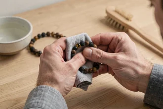 Homme entretenant son bracelet en pierre naturelle avec un chiffon doux sur un bureau en bois