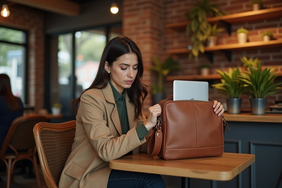 Femme tentant d'insérer un ordinateur portable trop grand dans une sacoche trop petite dans un café