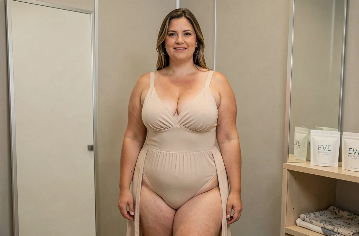 Femme ronde portant un maillot de bain élégant dans la cabine d'essayage de la boutique Eve Boutique en Franche-Comté