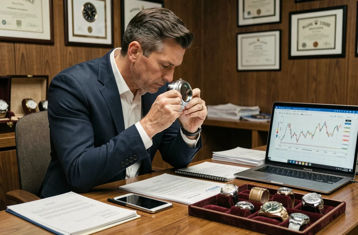 Expert horloger évaluant le prix d'une Rolex Daytona en acier avec loupe dans un bureau professionnel