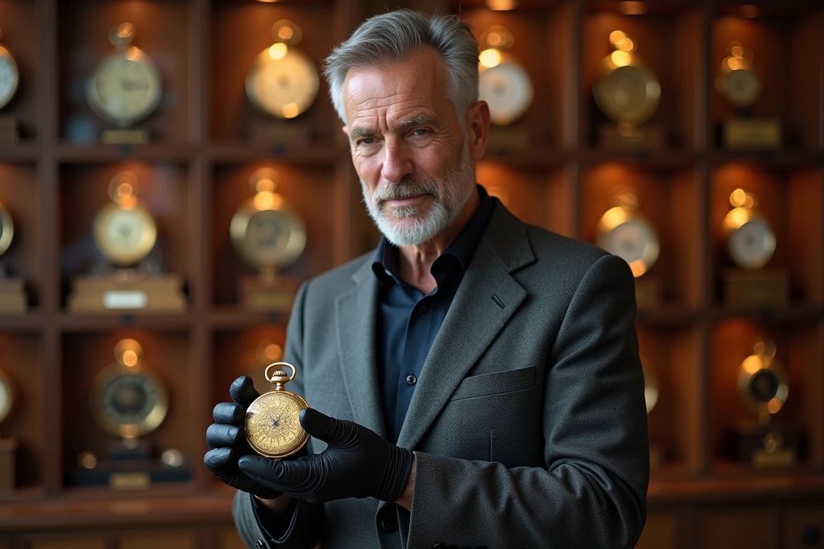 Horloger expert examinant une montre de poche en or ancienne dans une salle de vente aux enchères haut de gamme