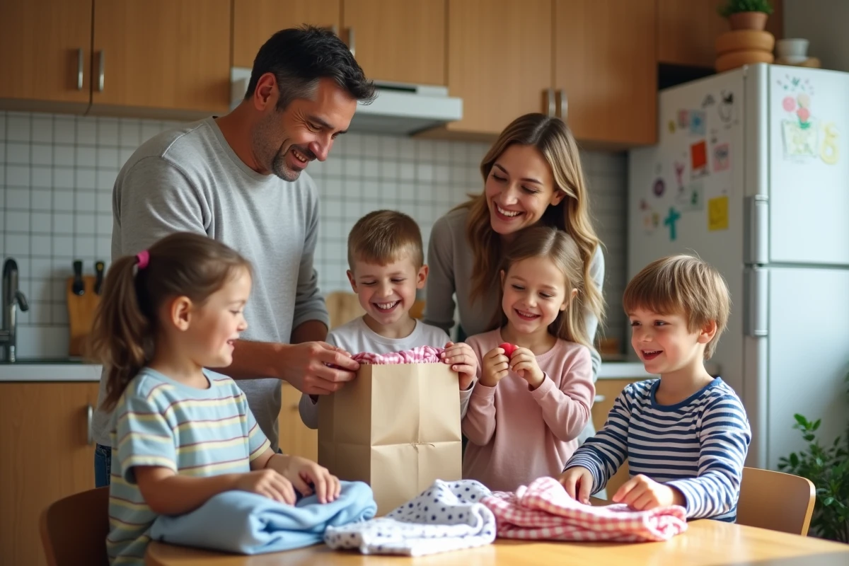Famille déballant des vêtements colorés dans la cuisine