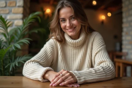 Femme souriante posant avec une bague en or dans un café chaleureux
