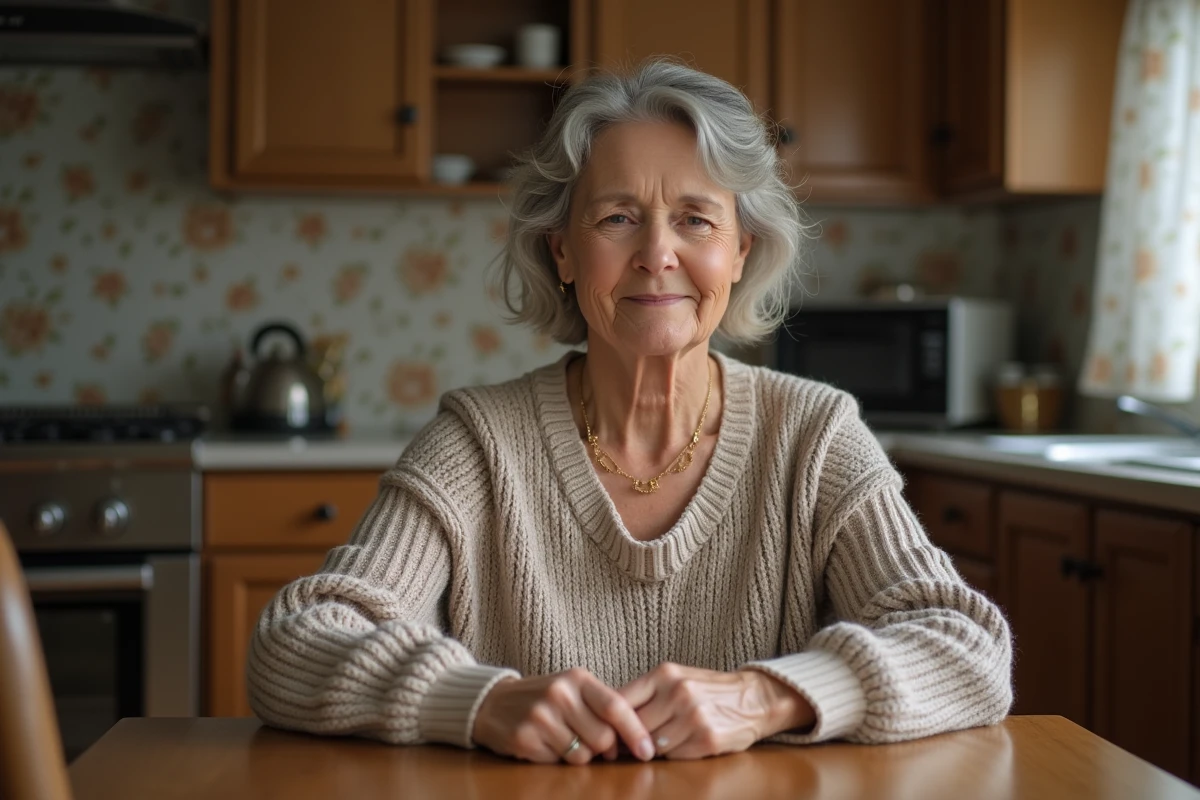 Femme mature en intérieur, touchant un collier en or