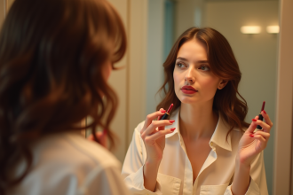 Femme appliquant du rouge à lèvres devant miroir lumineux