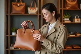 Femme tenant un sac à main Charm en cuir structuré dans une boutique d'accessoires, examinant la qualité des finitions