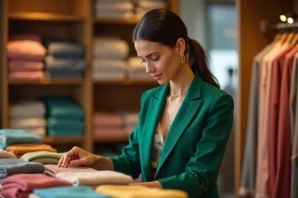 Femme élégante portant un blazer vert dans une boutique chic