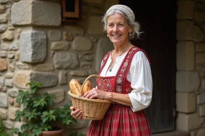 Femme bretonne en costume traditionnel avec panier de pain