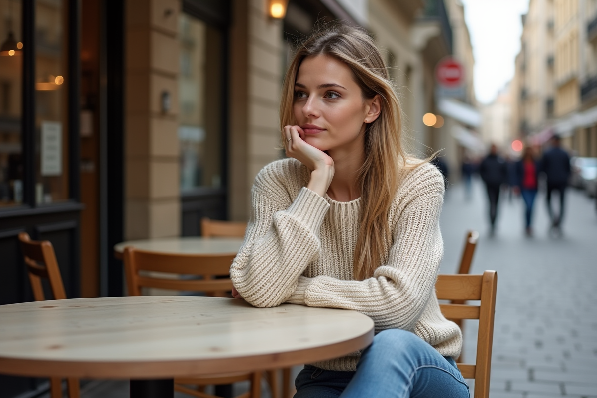 Femme française détendue dans un café parisien