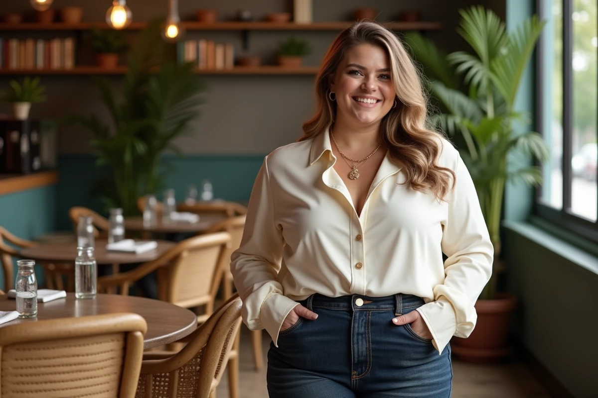 Femme souriante dans un café cosy intérieur
