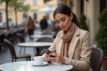 Femme élégante en cashmere dans un café urbain