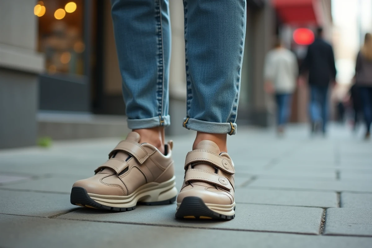 Femme portant des chaussures ortopédiques laides avec velcro et semelles épaisses dans une rue urbaine