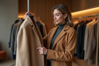 Femme d'âge moyen examine son manteau en boutique