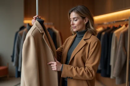 Femme d'âge moyen examine son manteau en boutique