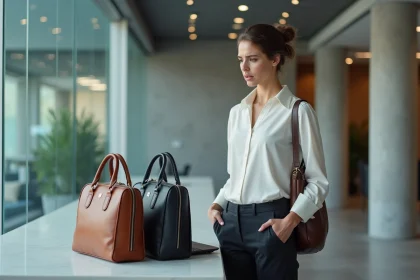 Femme en bureau comparant deux sacoches pour ordinateur portable avec une expression d'hésitation