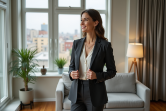 Femme confiante en blazer dans un appartement moderne