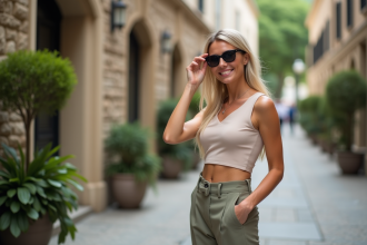 Femme confiante en ville ajustant ses lunettes