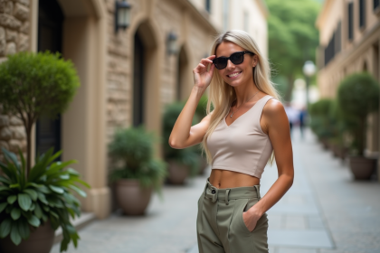 Femme confiante en ville ajustant ses lunettes