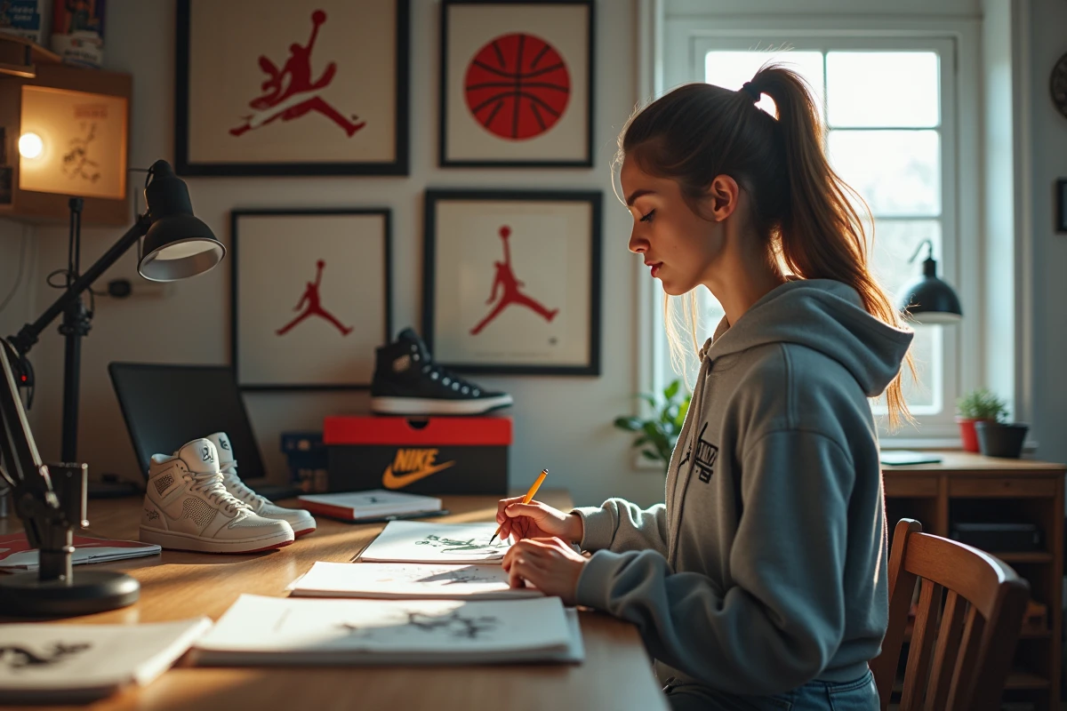Femme designer travaillant sur un bureau avec logos Air Jordan