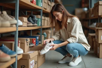 Femme examinant une paire de sneakers de grande marque lors d'un destockage chaussures en entrepôt