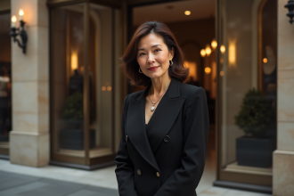 Femme élégante en tailleur noir devant une boutique de luxe