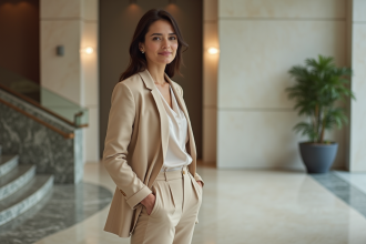 Femme élégante en blazer beige dans un bureau moderne