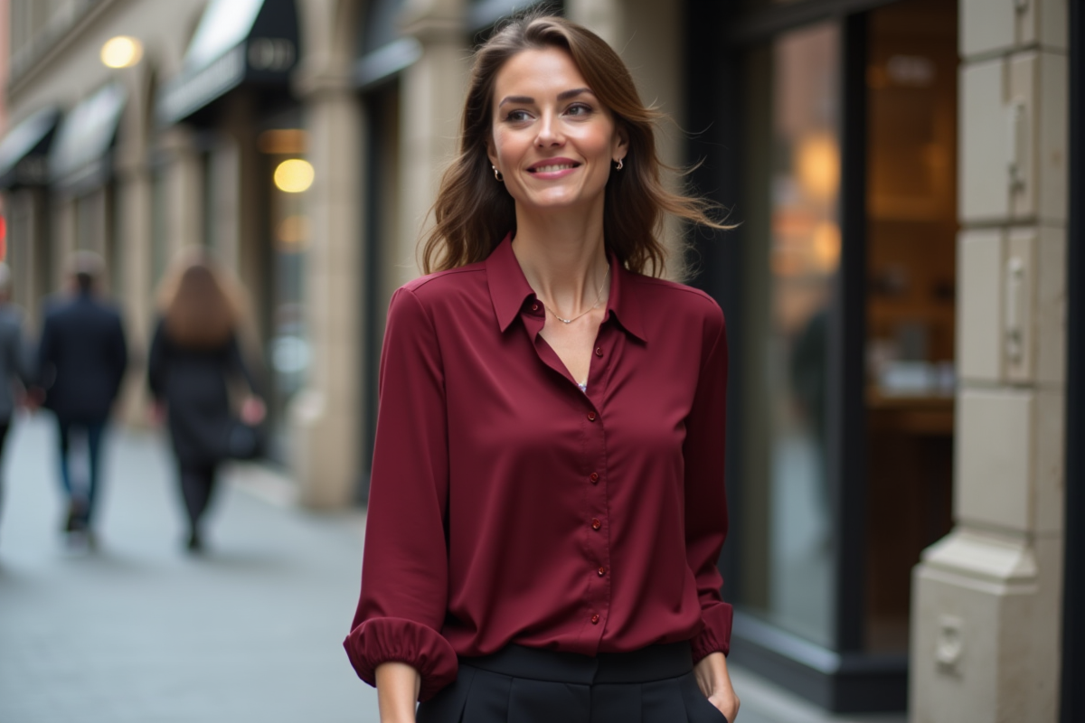 Femme confiante en ville portant une blouse rouge