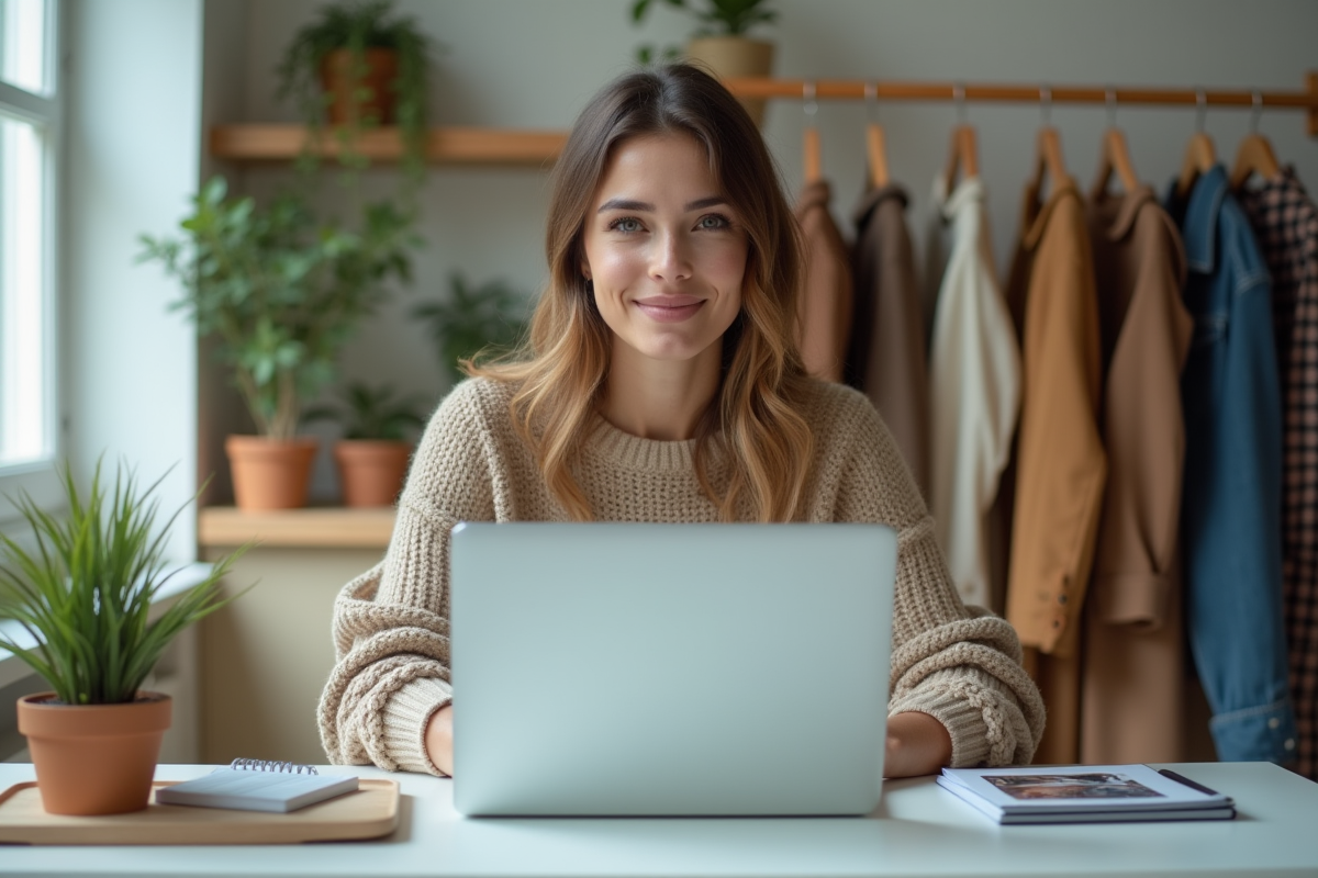 Femme en bureau uploadant photos de vêtements design