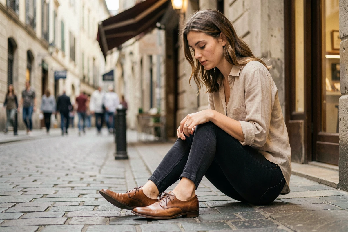 Femme essayant des chaussures Sursell à l'extérieur d'une boutique dans une rue pavée européenne