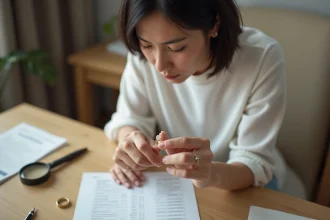 Femme examinant une chevalière en or avant de passer commande, entourée de notes et d'un formulaire de personnalisation
