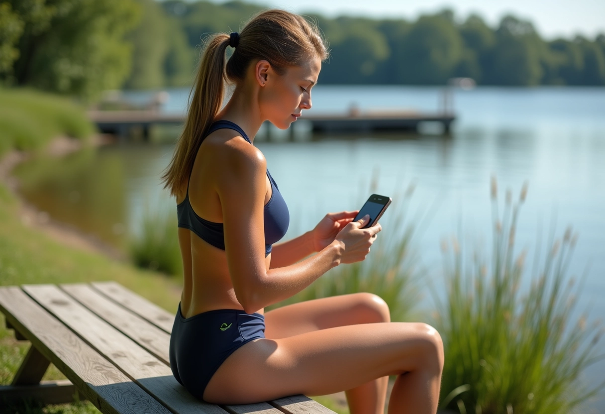 Femme lisant des avis sur son smartphone au bord du lac