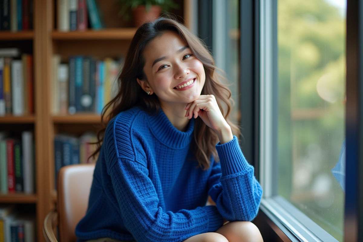 Femme souriante assise près d une fenêtre avec livres