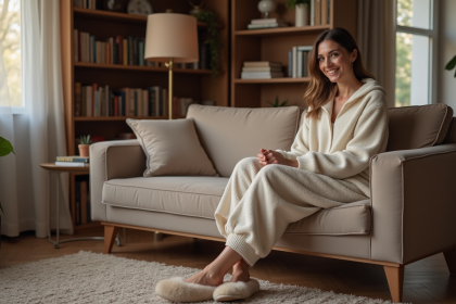 Femme en loungewear avec slippers en peluche dans un salon chaleureux